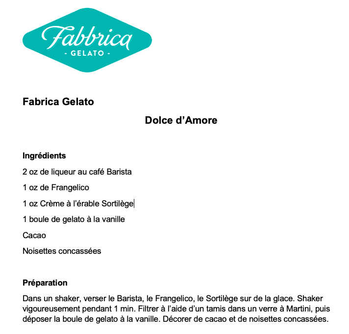recette Dolce d'Amore du restaurant Fabbrica Gelato